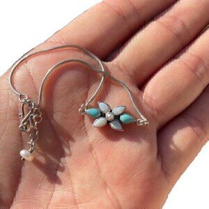 Native American Zuni Sterling Silver Turquoise MOP Flower Bracelet 925 SI Vtg